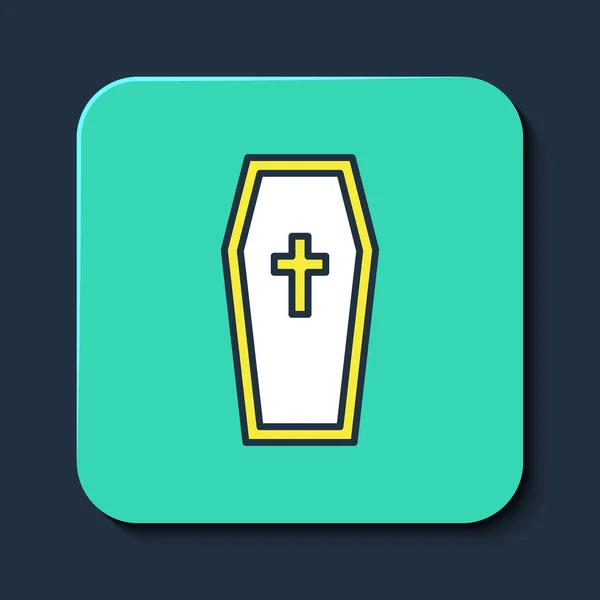 Filled outline Coffin with christian cross icon isolated on blue background. Happy Halloween party. Turquoise square button. Vector — Wektor stockowy