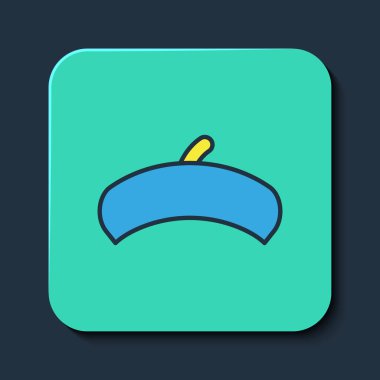 Mavi arka planda izole edilmiş, ana hatlı Fransız beresi simgesi. Turkuaz kare düğme. Vektör