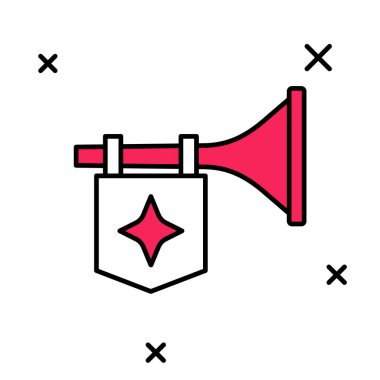 Beyaz arkaplanda izole edilmiş bayrak simgesiyle ana hatlarıyla doldurulmuş Trompet. Müzik aleti trompeti. Vektör