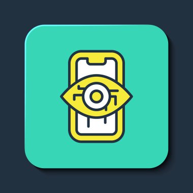 Doldurulmuş ana hatlı Bilgisayar görme simgesi mavi arkaplanda izole edildi. Teknik görüş, göz devresi, video izleme sistemi, artırılmış gerçeklik sistemleri. Turkuaz kare düğme. Vektör