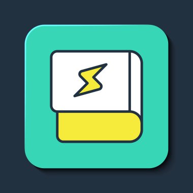 Mavi arka planda izole edilmiş elektrik ikonu hakkındaki ana hatlarıyla dolu bir kitap. Turkuaz kare düğme. Vektör