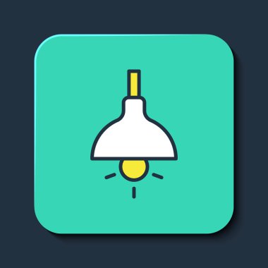Doldurulmuş lamba asma simgesi mavi arkaplanda izole edilmiş. Tavan lambası ampulü. Turkuaz kare düğme. Vektör