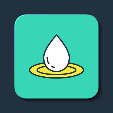 Doldurulmuş ana hatlı su bırakma simgesi mavi arkaplanda izole edildi. Turkuaz kare düğme. Vektör