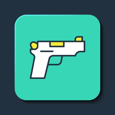 Doldurulmuş Tabanca ya da silah simgesi mavi arkaplanda izole edilmiş. Polis ya da askeri silah. Küçük ateşli silah. Turkuaz kare düğme. Vektör
