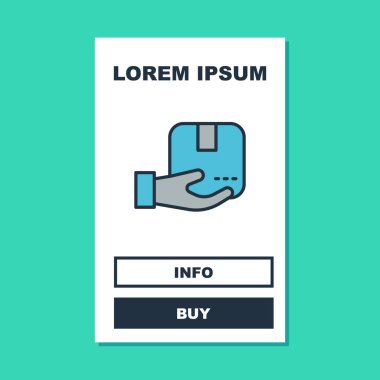 Taslak teslimat eli, turkuaz arka planda izole edilmiş karton kutu simgesi ile dolduruldu. Kuryeyle kapı kapı dolaşacağız. Vektör