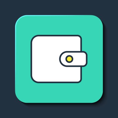 Doldurulmuş cüzdan simgesi mavi arkaplanda izole edildi. Çanta ikonu. Nakit tasarruf sembolü. Turkuaz kare düğme. Vektör