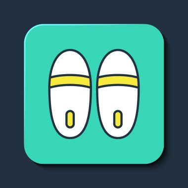 Doldurulmuş çizgili Terlik simgesi mavi arkaplanda izole edilmiş. Parmak arası terlik işareti. Turkuaz kare düğme. Vektör