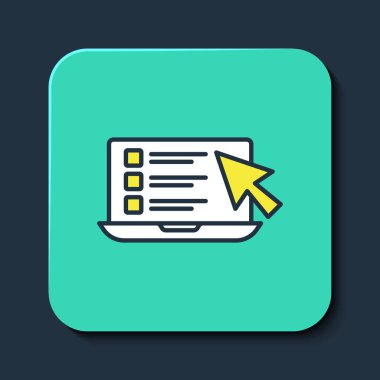 Çevrimiçi test, inceleme ya da kontrol listesi simgesi mavi arkaplanda izole edildi. Sınav listesi. E-eğitim konsepti. Turkuaz kare düğme. Vektör