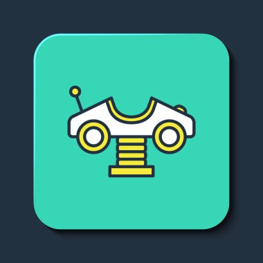 Oyun alanı simgesinde mavi arkaplanda izole edilmiş ana hatlı Swing arabası. Çocuklardan oluşan atlı karınca. Eğlence ikonu. Turkuaz kare düğme. Vektör