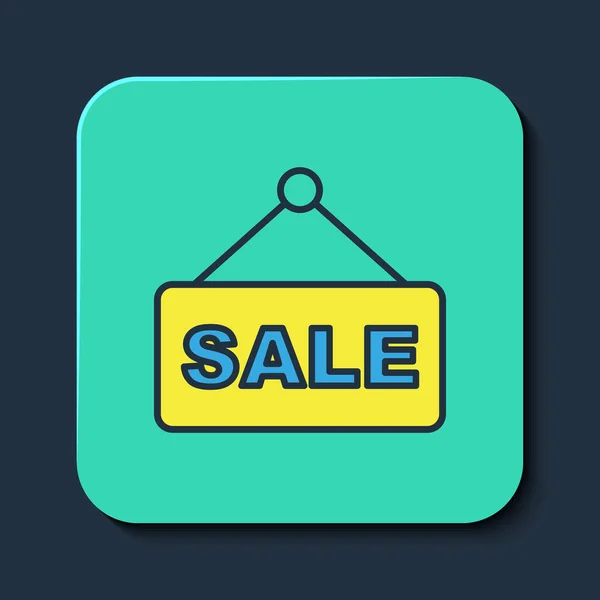 Filled outline Hanging sign with text Sale icon isolated on blue background. Signboard with text Sale. Turquoise square button. Vector — стоковый вектор