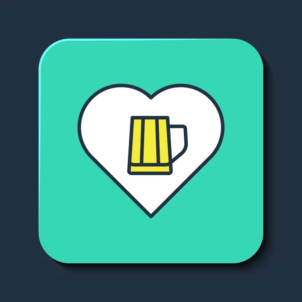 Filled outline Heart with glass of beer icon isolated on blue background. Turquoise square button. Vector — Vetor de Stock