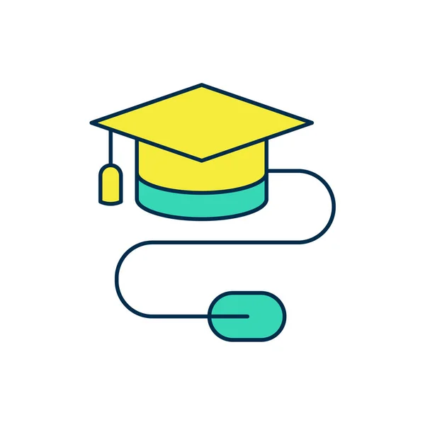 Wypełniony zarys czapka Graduation z ikoną myszy izolowane na białym tle. Symbol edukacji światowej. Koncepcja uczenia się online lub e-learningu. Wektor — Wektor stockowy