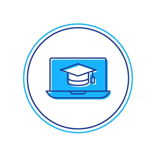 Vyplněný obrys Graduation cap na obrazovce notebooku ikony izolované na bílém pozadí. Online učení nebo e-learning koncept. Vektor — Stockový vektor
