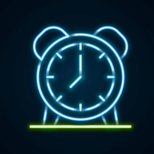 Świecąca neonowa linia Ikona zegara alarmowego izolowana na czarnym tle. Obudź się, pomyśl. Znak czasu. Kolorowy koncept. Wektor — Wektor stockowy