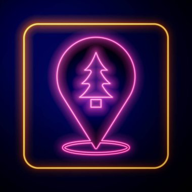 Siyah arkaplanda izole edilmiş bir harita ikonu üzerinde ormanın parlayan neon konumu. Vektör