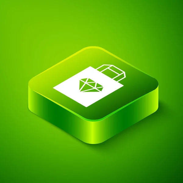 Isométrico icono de la joyería bolsa de compras aislado sobre fondo verde. Botón cuadrado verde. Vector — Vector de stock