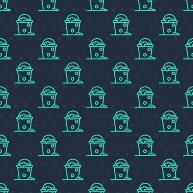 Köpük ve baloncuk ikonlu yeşil çizgi kovası mavi arkaplandaki pürüzsüz deseni izole etti. Temizlik hizmeti konsepti. Vektör