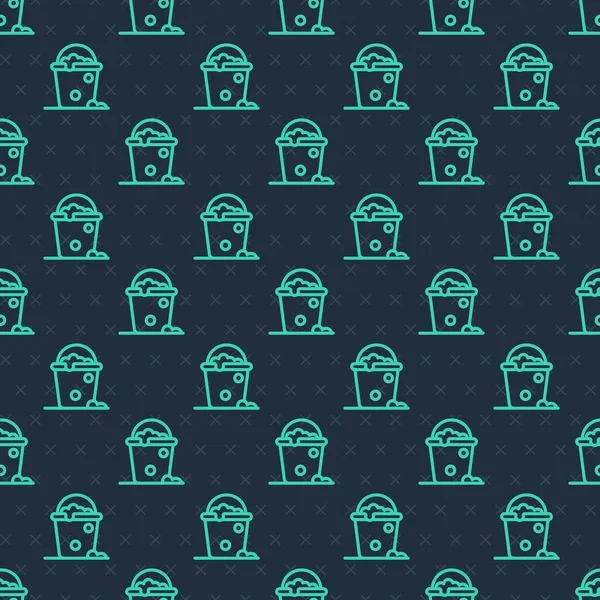 Köpük ve baloncuk ikonlu yeşil çizgi kovası mavi arkaplandaki pürüzsüz deseni izole etti. Temizlik hizmeti konsepti. Vektör