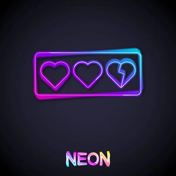Linha de néon brilhante ícone da barra de vida do jogo isolado no fundo preto. Barra de coração saudável. Vetor — Vetor de Stock