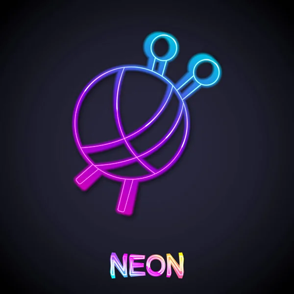Glowing neon line Yarn ball with knitting needles icon isolated on black background. Label for hand made, knitting or tailor shop. Vector — Stock Vector