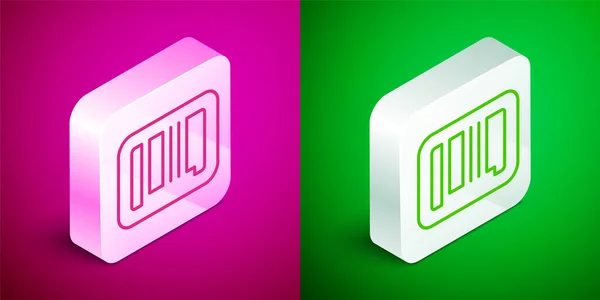 Isometric line Barcode icon isolated on pink and green background. Silver square button. Vector — Stock Vector