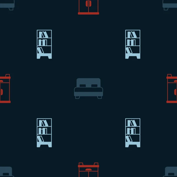 Set Wardrobe, Big bed and Library bookshelf on seamless pattern. Vector — стоковый вектор