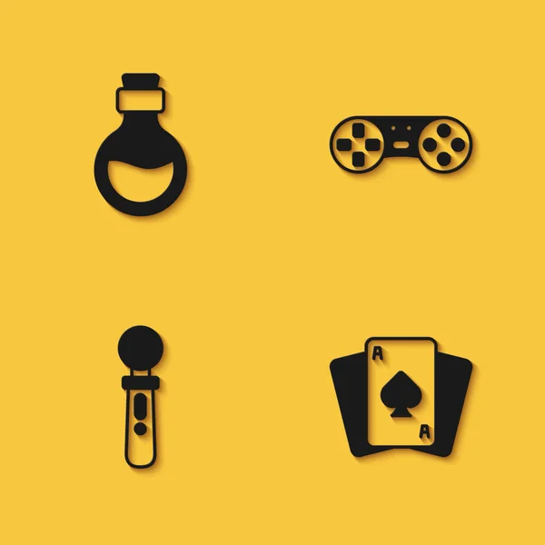 Set Bottle with magic elixir, Playing cards, VR controller game and Game or joystick icon with long shadow. Vector — Image vectorielle