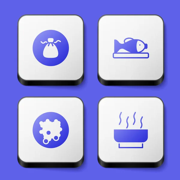 Set Wonton, Served fish a plate, Rice in bowl and Ramen soup icon. White square button. Vector — Stockvektor