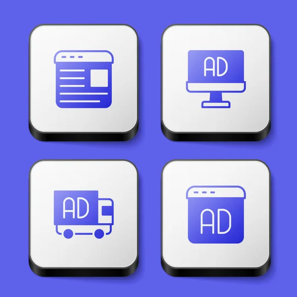 Set Advertising, on truck and icon. White square button. Vector — Stockový vektor