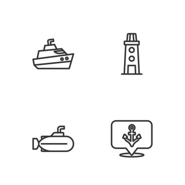 Anchor, Submarine, Speedboat ve Lighthouse ikonunu ayarlayın. Vektör