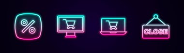 Satır İndirim yüzde etiketi, alışveriş arabası monitörde, ekranda dizüstü bilgisayar ve asılma işaretini metin ile kapatın. Parlayan neon ikonu. Vektör