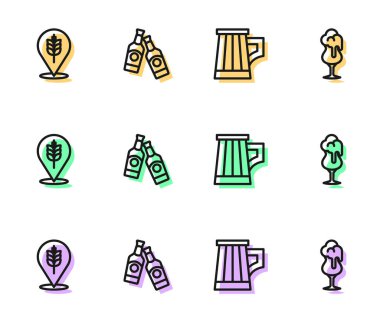 Ahşap bira kupası, buğday, bira şişesi ve bir bardak ikon. Vektör