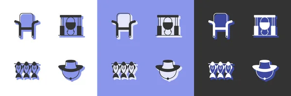 Set Fisherman hat, Camping folding chair, Dried fish and Campfire and pot icon. Vector — Vector de stock