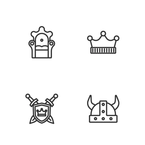 Establecer línea vikinga en casco con cuernos, Escudo con espadas, trono medieval y rey icono de la corona. Vector — Vector de stock