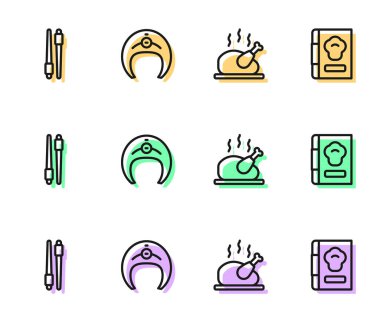 Kızarmış hindi ya da tavuk, yemek çubukları, balık bifteği ve yemek kitabı ikonu. Vektör