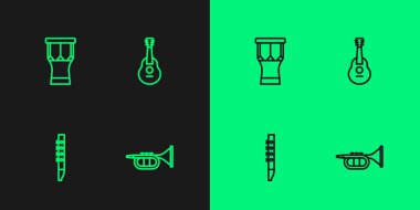 Set line Trumpet, Flute, African percussion drum and Guitar icon. Vector
