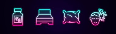 Satır çizgisi, uyku hapı, büyük yatak, yastık ve rüyalar. Parlayan neon ikonu. Vektör