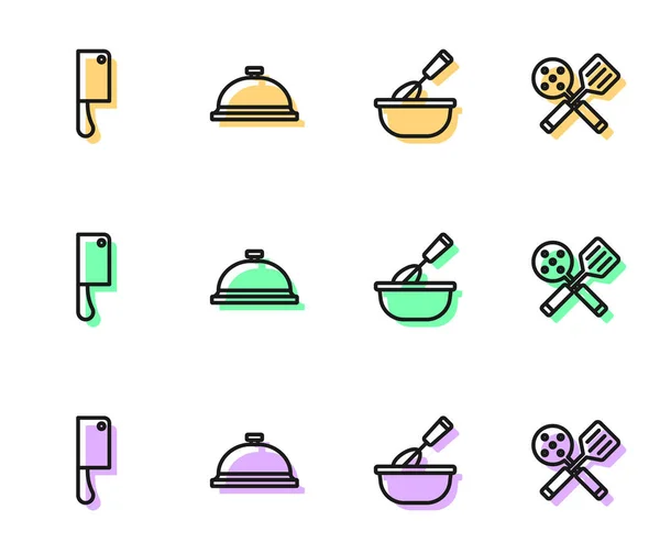 Definir linha Cozinhar whisk com tigela, helicóptero de carne, bandeja coberta de comida e ícone Spatula. Vetor —  Vetores de Stock