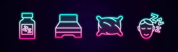 Set line Pastilla para dormir, cama grande, almohada y sueños. Icono de neón brillante. Vector — Vector de stock