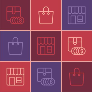 Madde fiyatını dolar, market ve kağıt alışveriş torbası ikonu ile belirleyin. Vektör