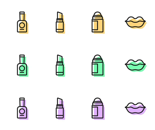 Set line Deodorant roll, Lahvička laku na nehty, Rtěnka a Usměvavé rty ikona. Vektor — Stockový vektor