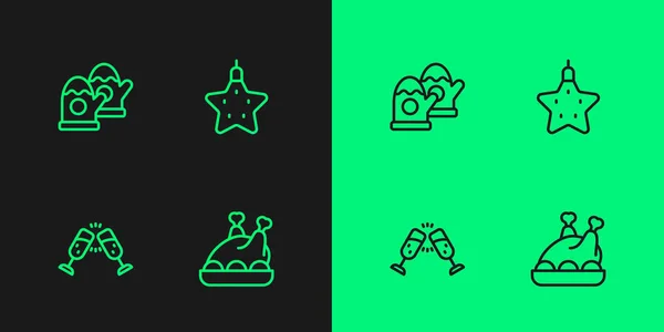 Set line Roasted turkey or chicken, Glass of champagne, Christmas mittens and star icon. Vector — Διανυσματικό Αρχείο