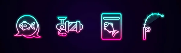 Set line Fish, Spinning reel for fishing, Served on plate and Fishing rod. Glowing neon icon. Vector — Vetor de Stock