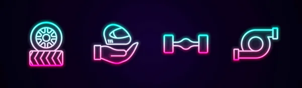 Set line Car tire wheel, Racing helmet, Chassis car and Automotive turbocharger. Glowing neon icon. Vector — Διανυσματικό Αρχείο