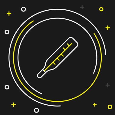 Tıbbi inceleme ikonu için çizgi termometresi siyah arka planda izole edildi. Renkli taslak konsepti. Vektör