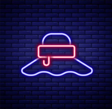 Glowing neon line Fisherman hat icon isolated on brick wall background. Colorful outline concept. Vector