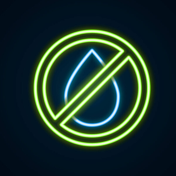 Glowing neon line Water drop forbidden icon isolated on black background. No water sign. Colorful outline concept. Vector
