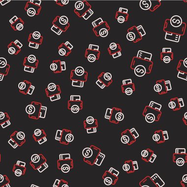 Dolar sembolü simgesi olan çizgi akıllı telefonu siyah arka planda izole edilmiş kusursuz desen. İnternetten alışveriş konsepti. Finansal cep telefonu simgesi. Çevrimiçi ödeme. Vektör