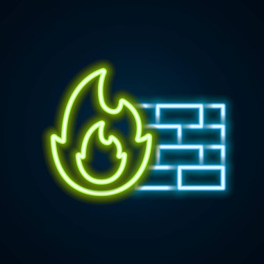 Parlayan neon hattı Firewall, güvenlik duvarı simgesi siyah arkaplanda izole. Renkli taslak konsepti. Vektör