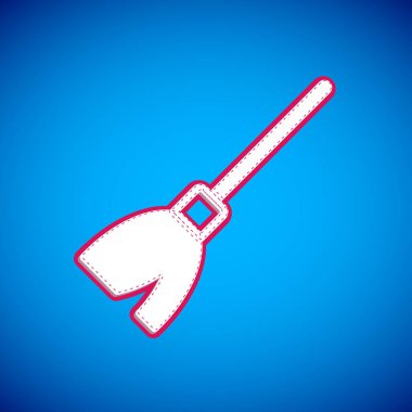 Beyaz saplı süpürge simgesi mavi arkaplanda izole edildi. Temizlik hizmeti konsepti. Vektör